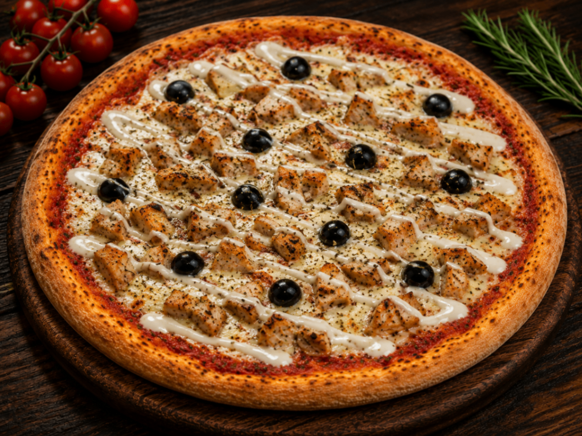 Turque — Tomate, fromage, poulet, sauce kebab, origan, olives